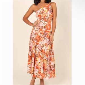 Petal & Pup Marietta Maxi Dress Orange Floral One Shoulder Womens 6 Tiered